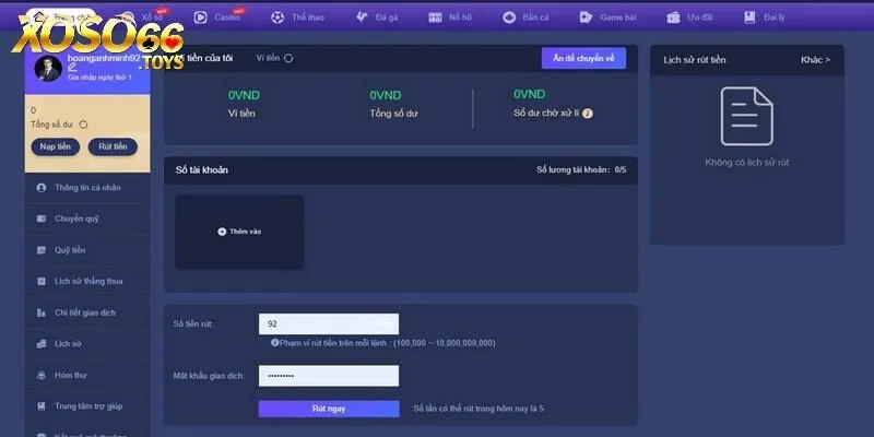 Chọn chức năng rút tiền